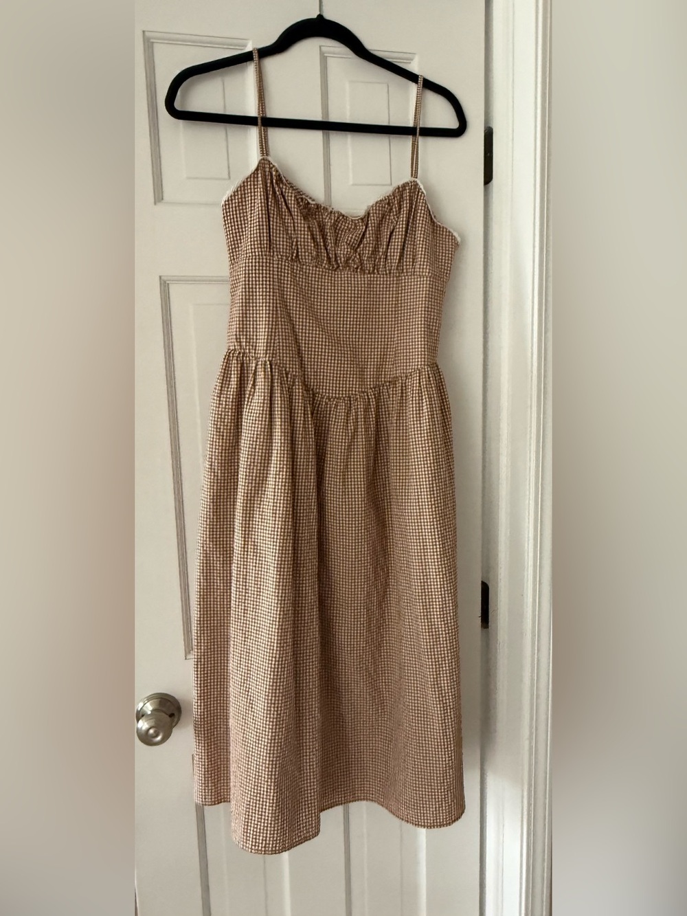 A New Day Brown Gingham Smocked Bust Midi Dress Women’s Size M